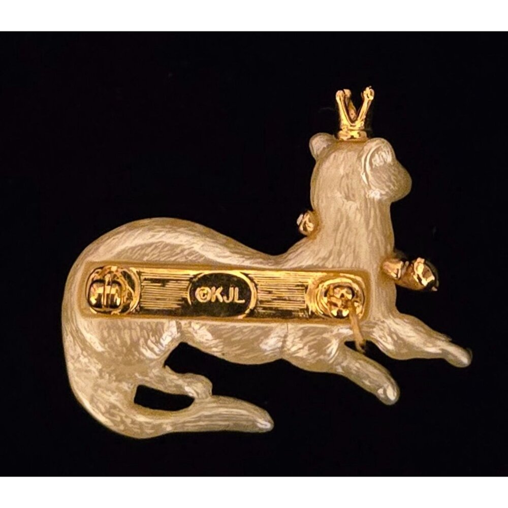 Kenneth Jay Lane Rhinestone Pearlized Queen Ferret Mink Brooch Signed KLJ Gold C - Picture 5 of 7